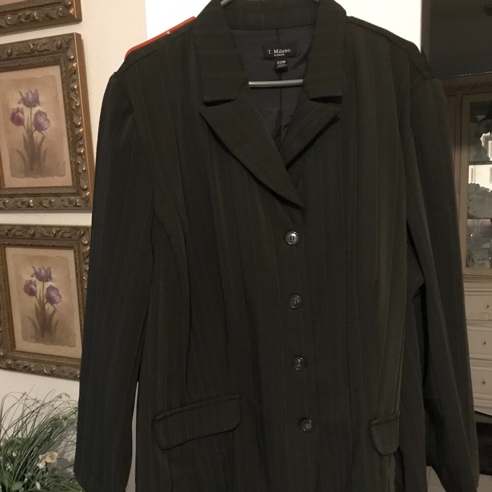 T. Milano suit, size 22, dark gray with light blue pinstripes